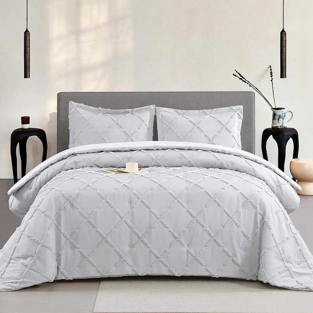 Set Penutup Selimut Bordir Chenille Berumbai Ruching Geometris Tenang Set Seprai