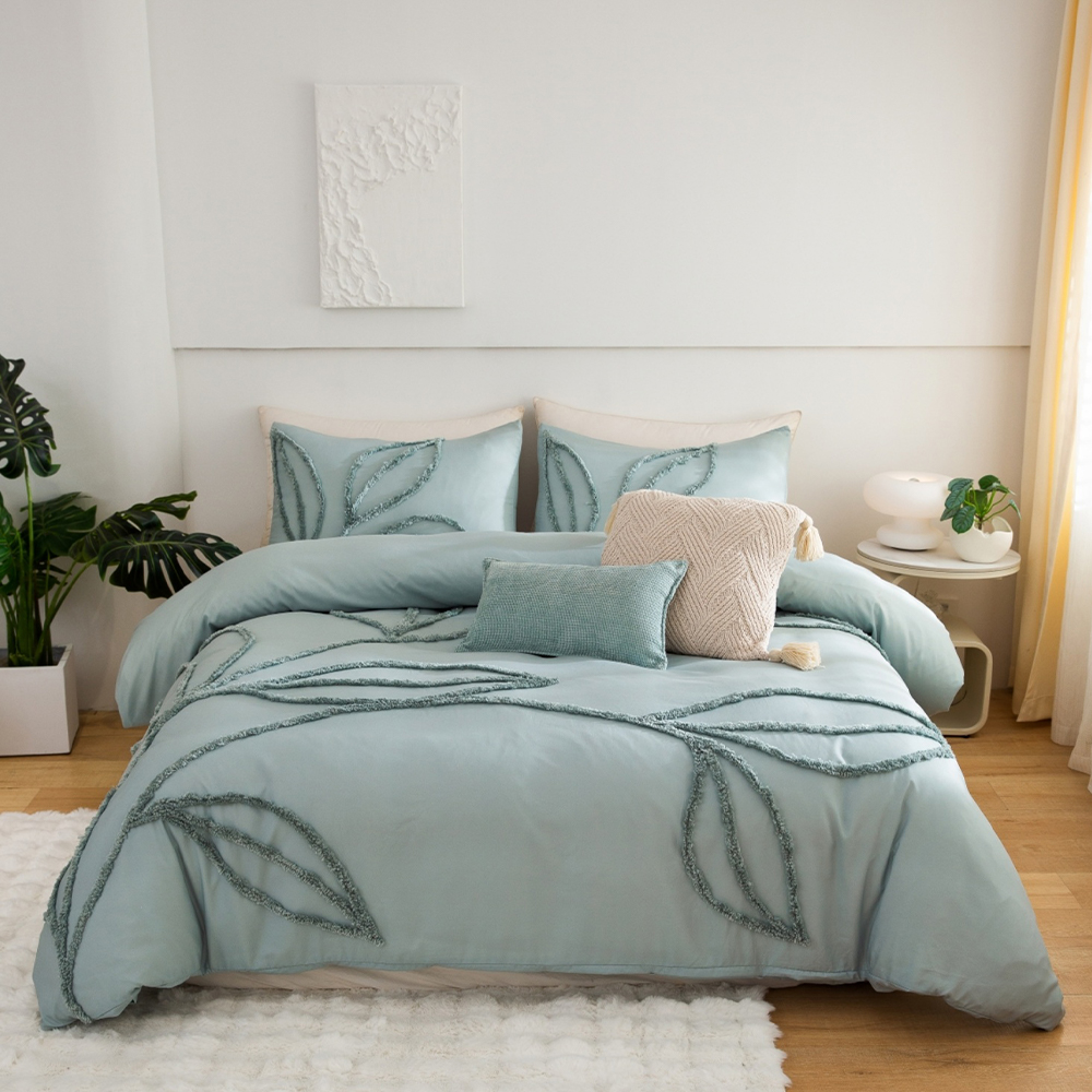 Sammy Leaf Tufted Chenille Bordir Duvet Cover Quilt Cover Set Set Tempat Tidur