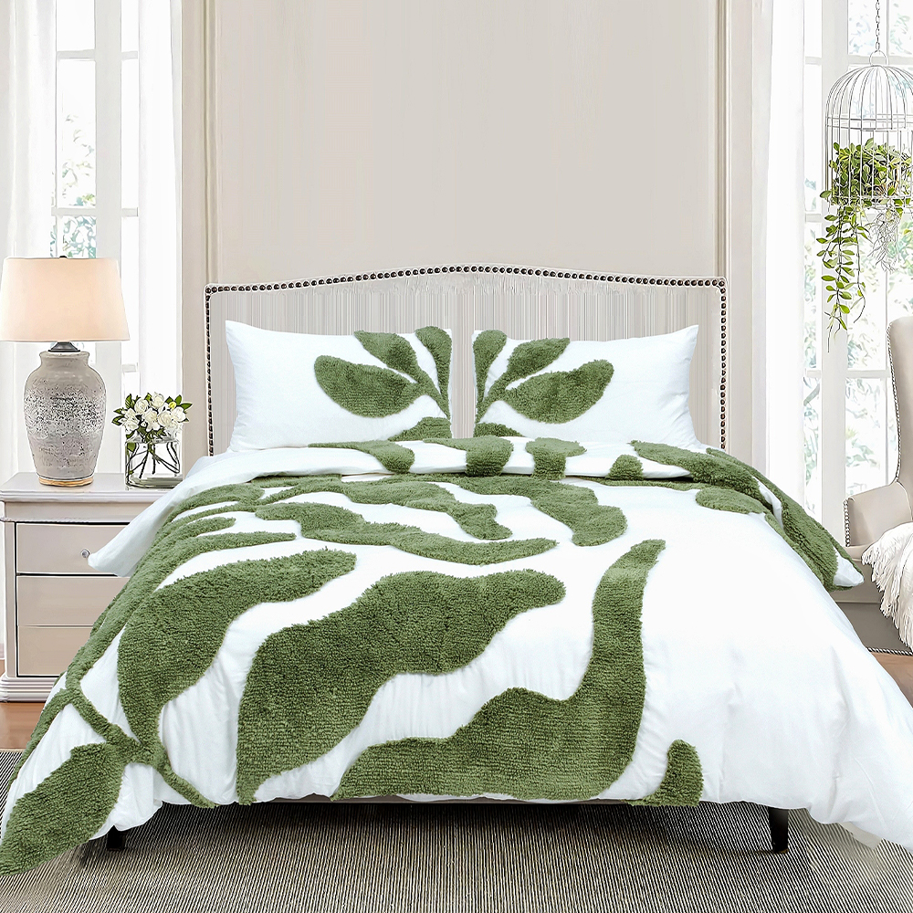 Belle Botanical Skala Besar Daun Berumbai Chenille Bordir Selimut Penutup Selimut Penutup Set Set Tempat Tidur