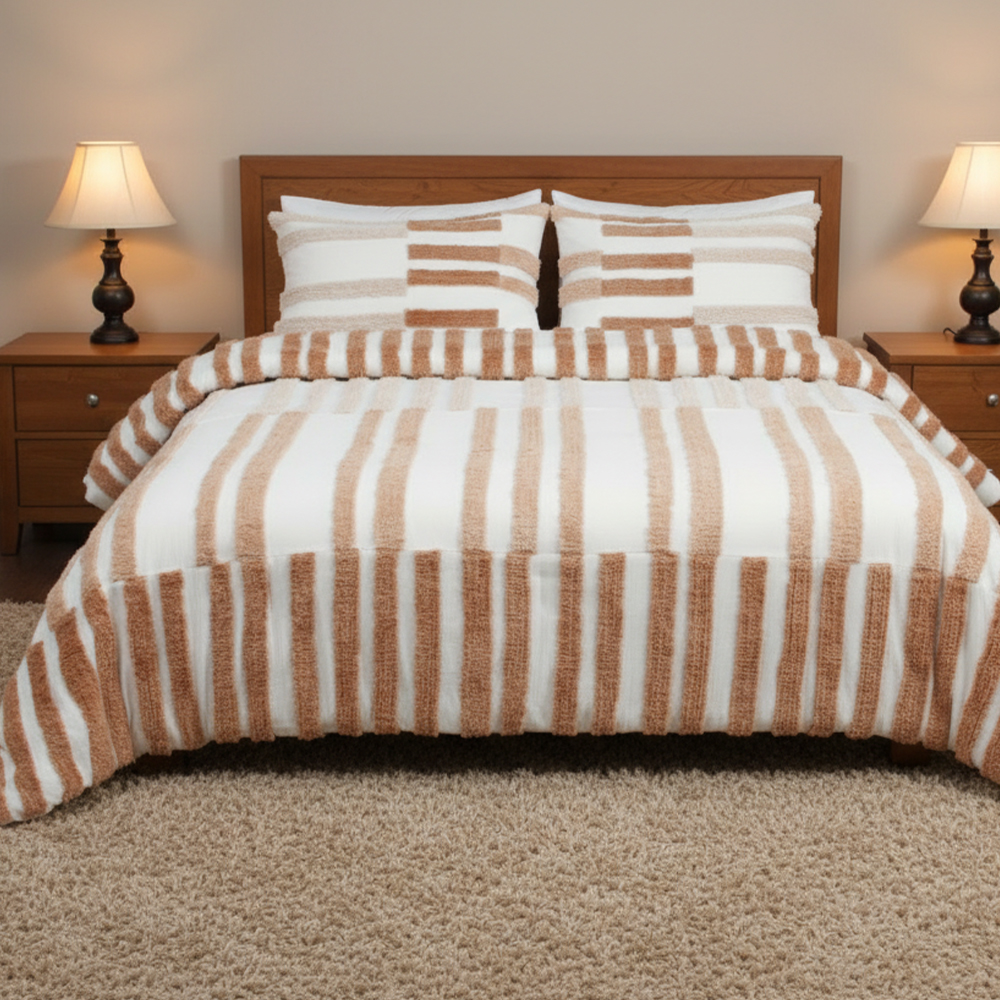 Set Seprai Penutup Selimut Bordir Chenille Berumbai Strip Collette