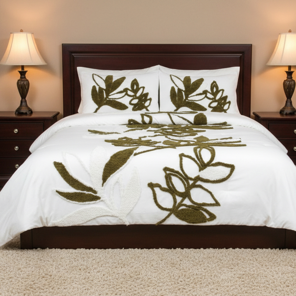 Gia Botanical Leaf Tufted Chenille Bordir Duvet Cover Quilt Cover Set Set Tempat Tidur